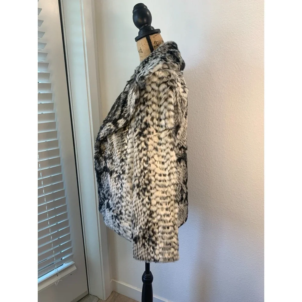 (F-174) Dennis Basso Faux Fur Coat QVC Women XXS Black White Leopard Jacket‎ New